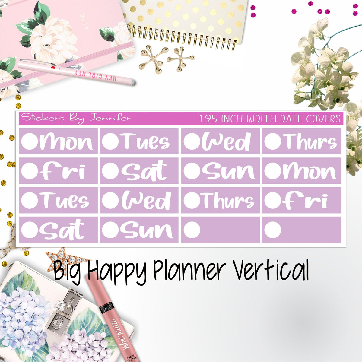 Date Covers 1.95 inch Width Quarter Box Labels 254 for Big Happy Planner Vertical Planner Stickers