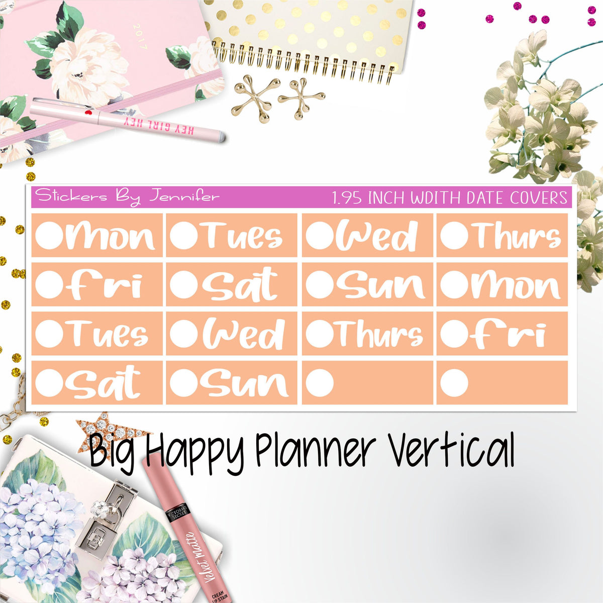 Date Covers 1.95 inch Width Quarter Box Labels 277 for Big Happy Planner Vertical Planner Stickers