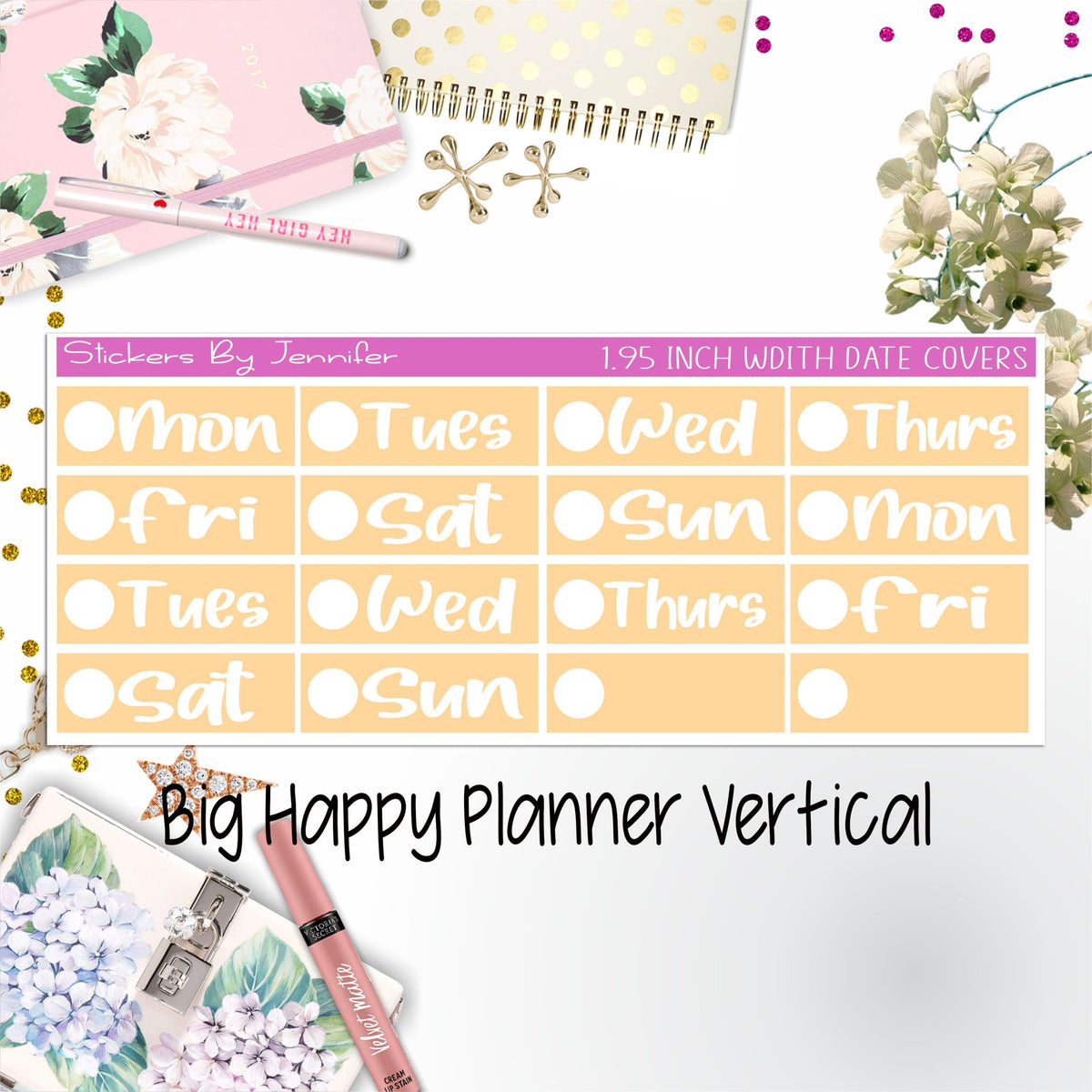 Date Covers 1.95 inch Width Quarter Box Labels 286 for Big Happy Planner Vertical Planner Stickers