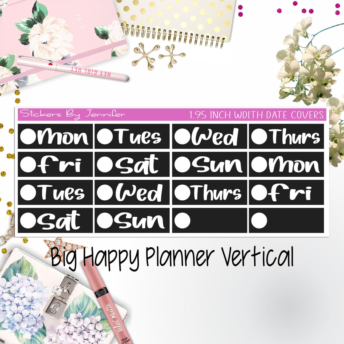 Date Covers 1.95 inch Width Quarter Box Labels 300 for Big Happy Planner Vertical Planner Stickers