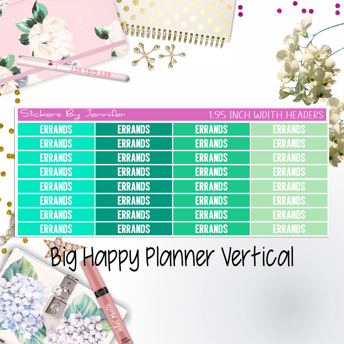 Errands Headers 1.95 inch Width 107 for Big Happy Planner Vertical Planner Stickers