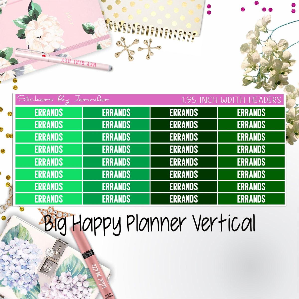 Errands Headers 1.95 inch Width 108 for Big Happy Planner Vertical Planner Stickers