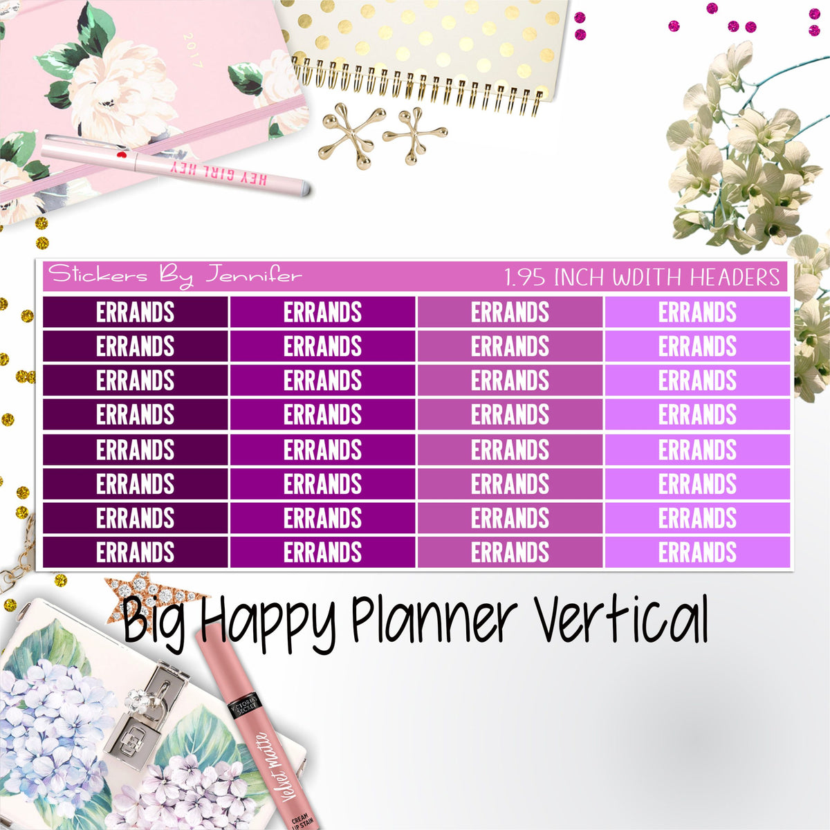 Errands Headers 1.95 inch Width 118 for Big Happy Planner Vertical Planner Stickers