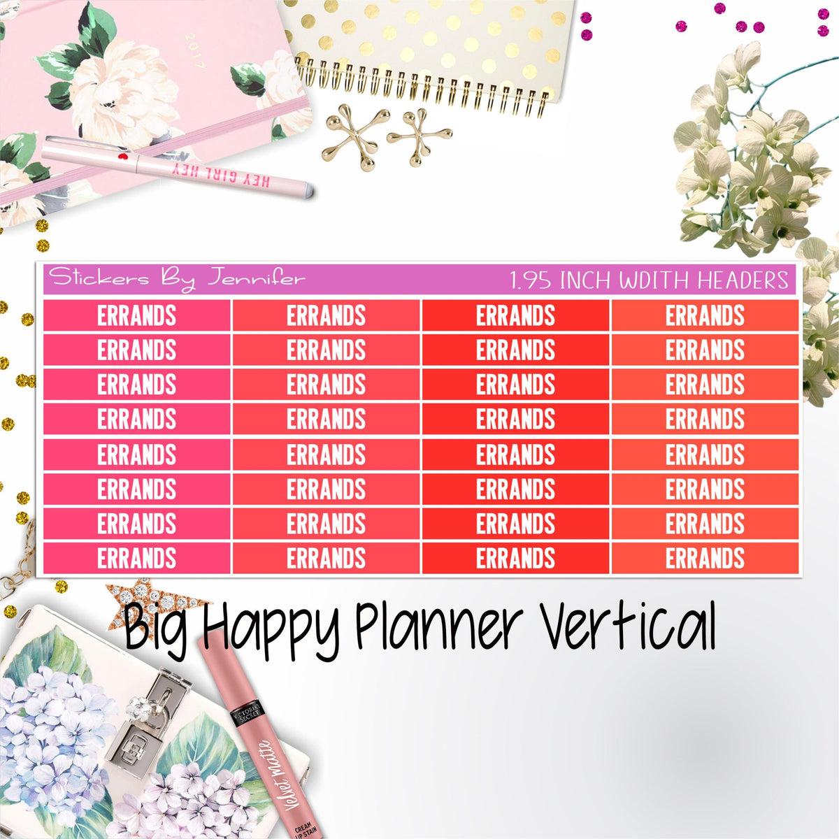 Errands Headers 1.95 inch Width 121 for Big Happy Planner Vertical Planner Stickers