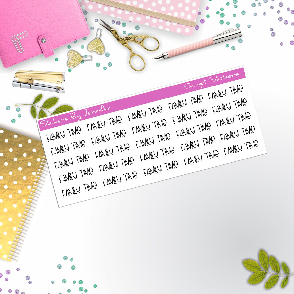 Family Time Script Stickers, Typography Stickers, Planner Stickers
