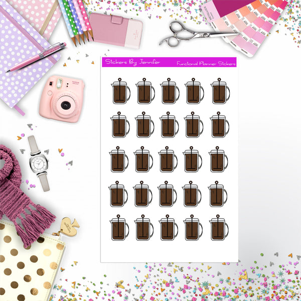 French Press Stickers, Planner Stickers, Journal Stickers, Functional Planner Stickers, Stationary Stickers