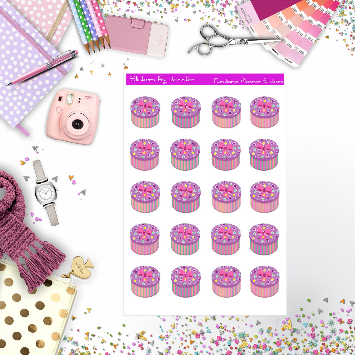 Gift Box Round Stickers, Planner Stickers, Journal Stickers, Functional Planner Stickers, Stationary Stickers