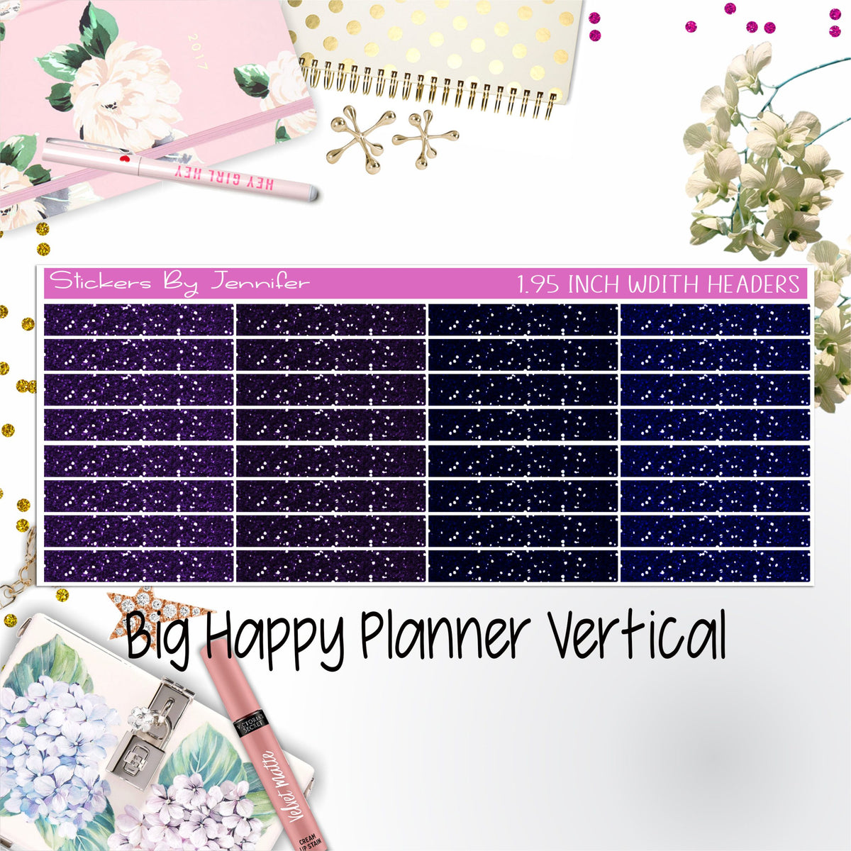 Glitter Headers 1.95 inch Width 002 for Big Happy Planner Vertical Planner Stickers