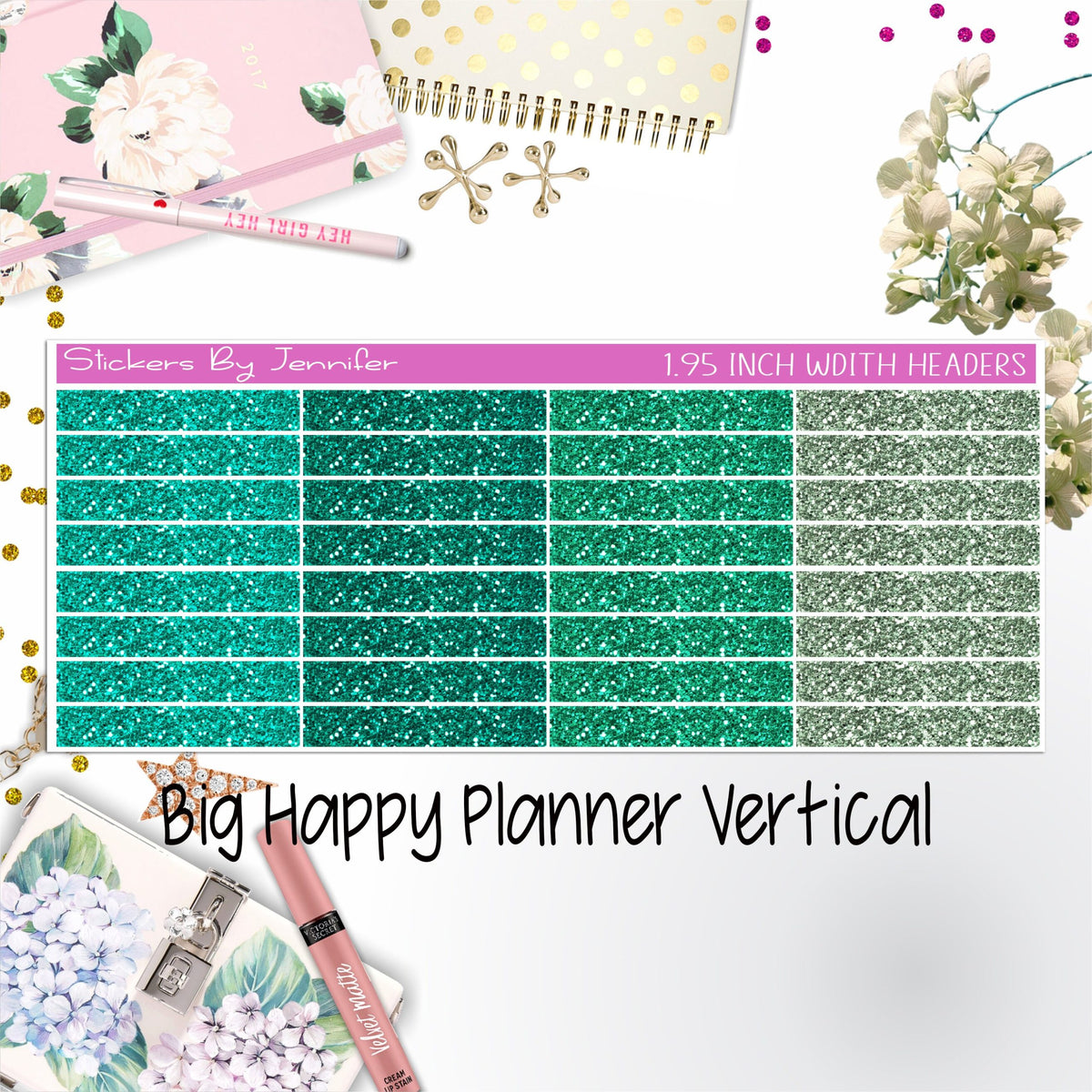 Glitter Headers 1.95 inch Width 007 for Big Happy Planner Vertical Planner Stickers