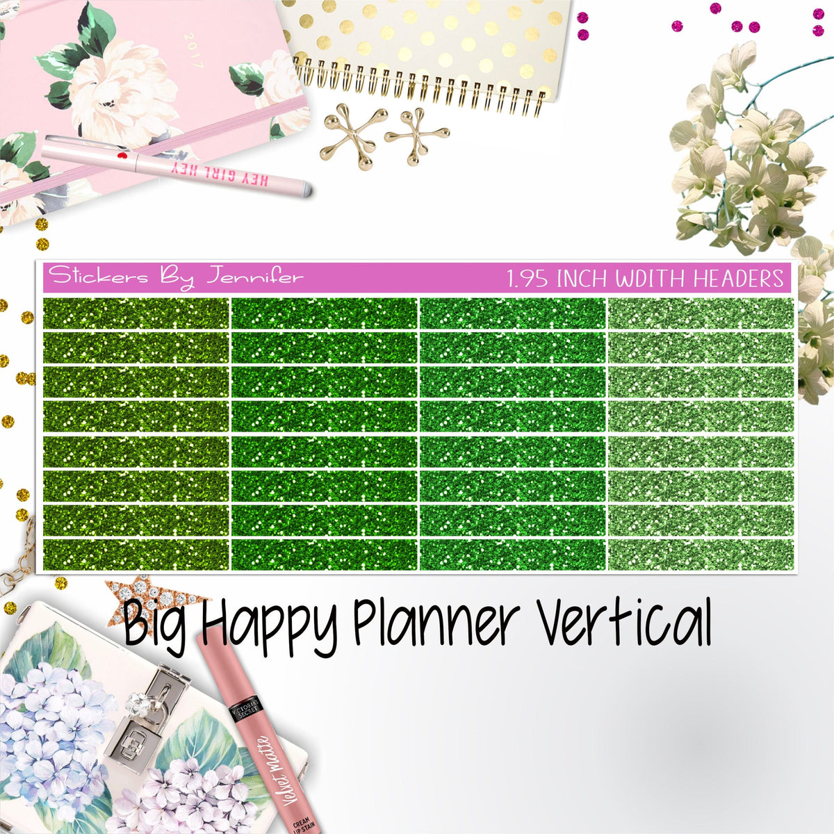 Glitter Headers 1.95 inch Width 009 for Big Happy Planner Vertical Planner Stickers