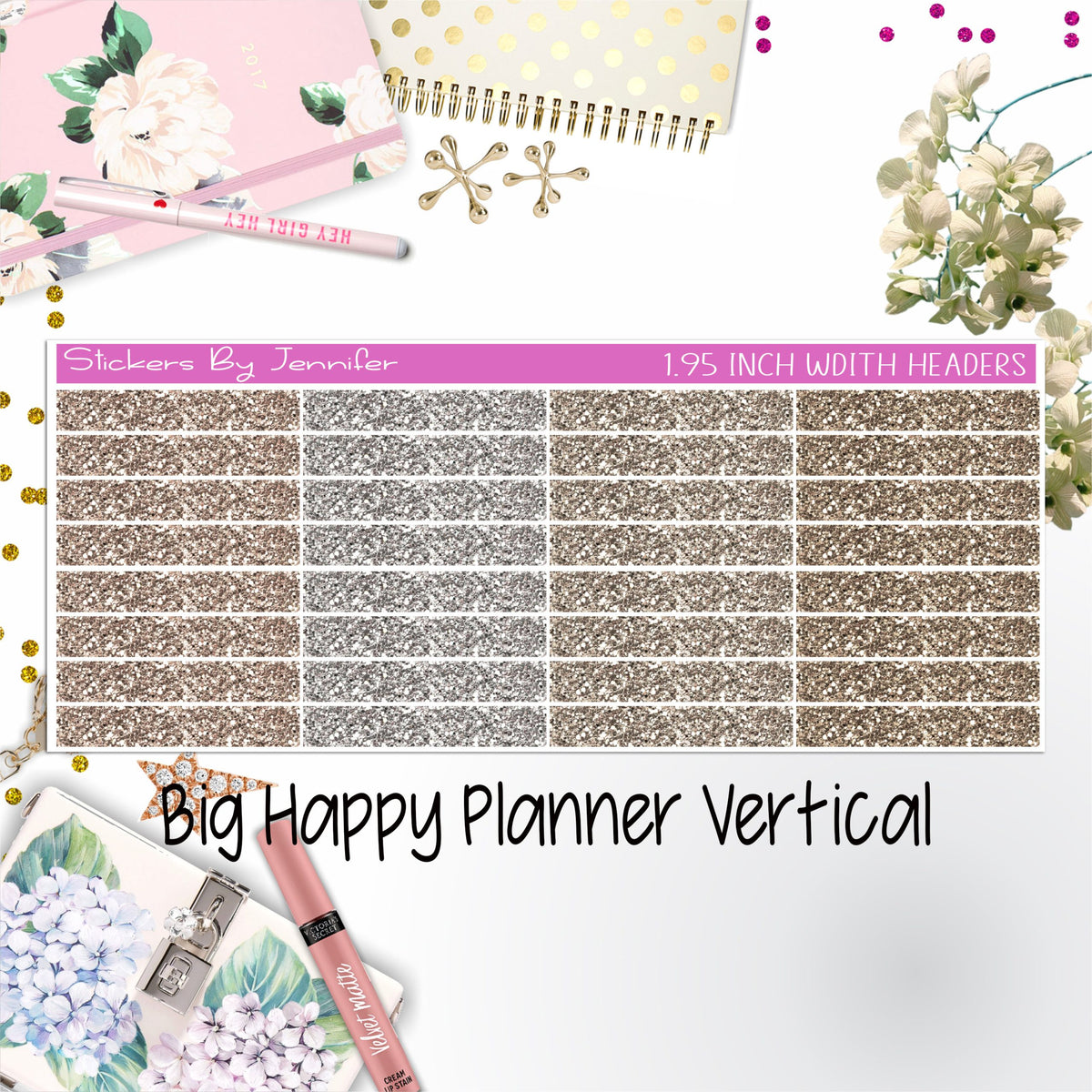 Glitter Headers 1.95 inch Width 023 for Big Happy Planner Vertical Planner Stickers