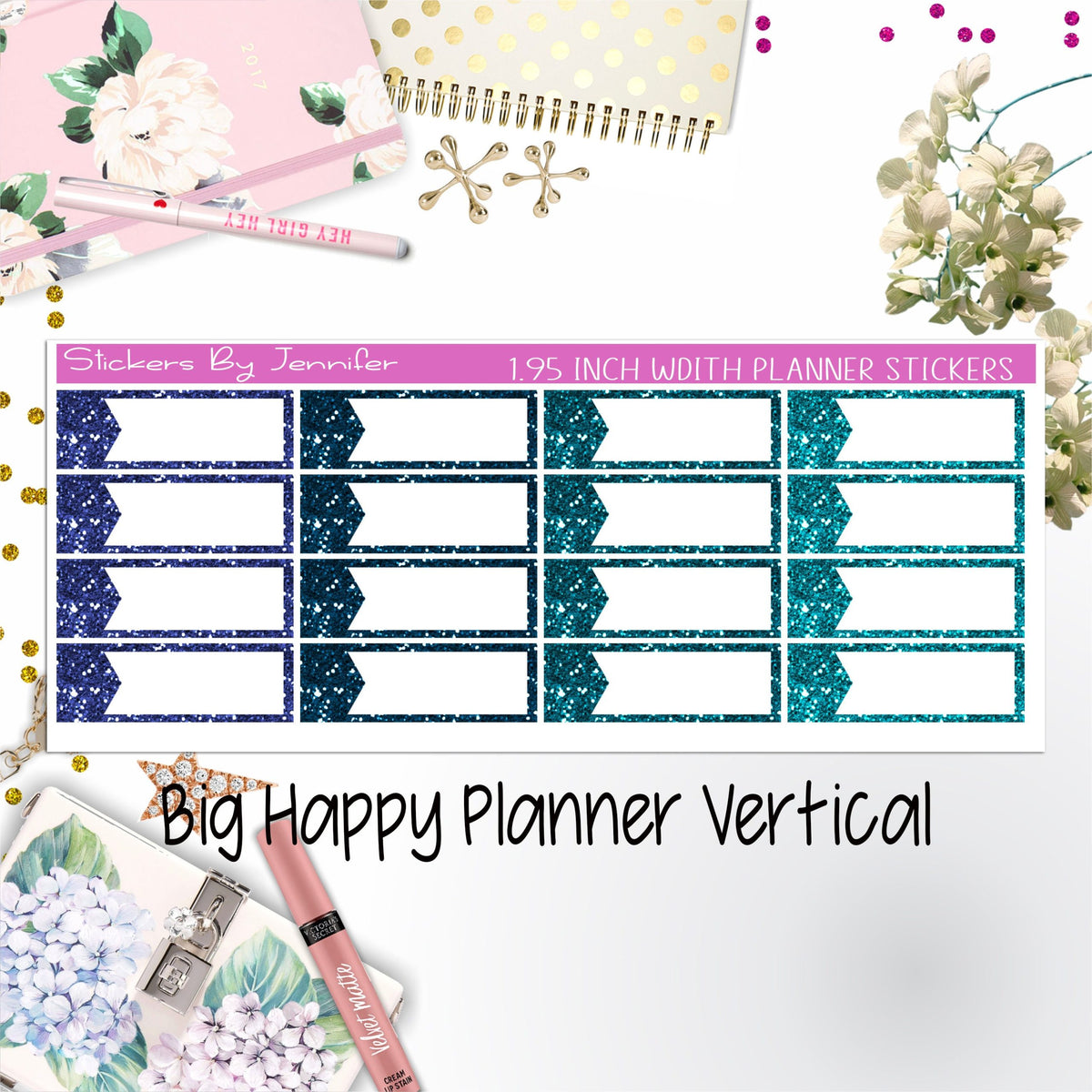 Glitter Labels 1.95 inch Width Quarter Boxes 055 for Big Happy Planner Vertical Planner Stickers