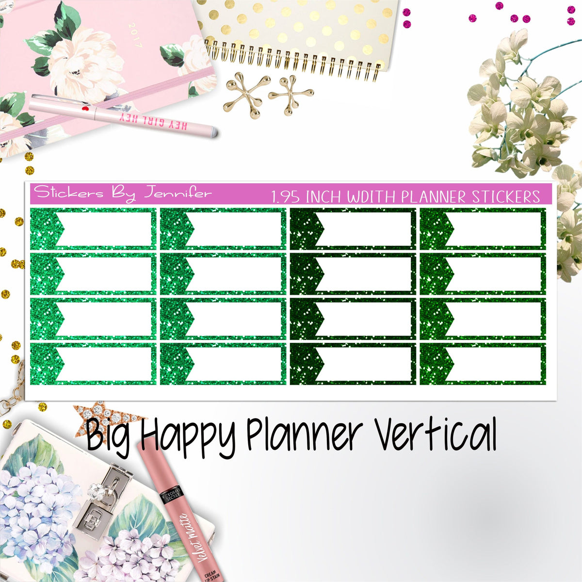 Glitter Labels 1.95 inch Width Quarter Boxes 058 for Big Happy Planner Vertical Planner Stickers