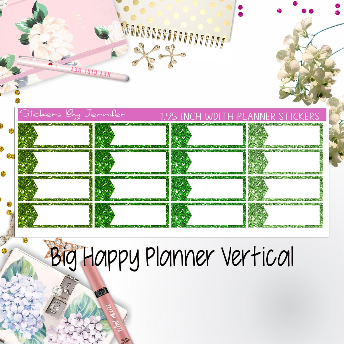 Glitter Labels 1.95 inch Width Quarter Boxes 059 for Big Happy Planner Vertical Planner Stickers