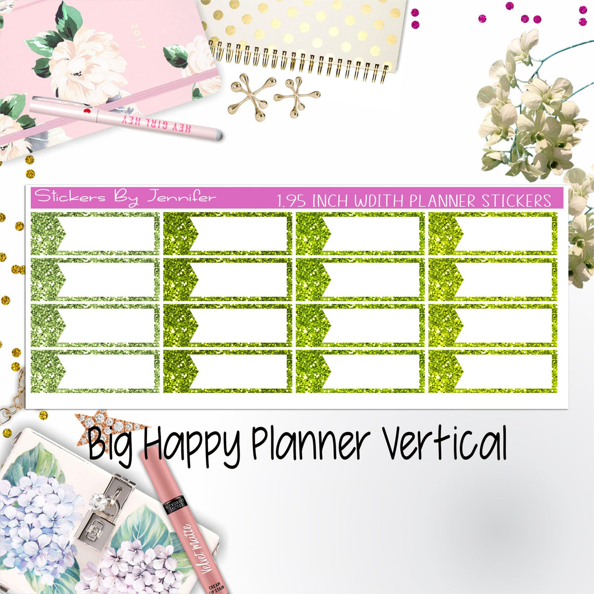 Glitter Labels 1.95 inch Width Quarter Boxes 060 for Big Happy Planner Vertical Planner Stickers