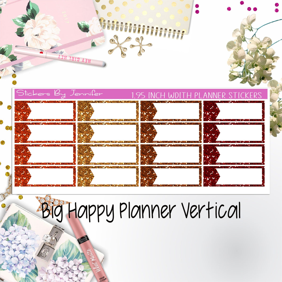 Glitter Labels 1.95 inch Width Quarter Boxes 063 for Big Happy Planner Vertical Planner Stickers