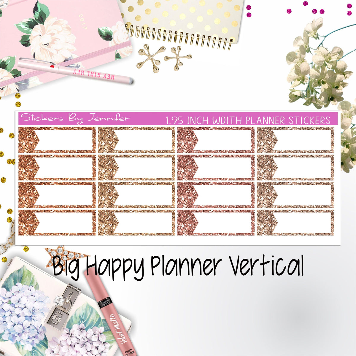Glitter Labels 1.95 inch Width Quarter Boxes 072 for Big Happy Planner Vertical Planner Stickers