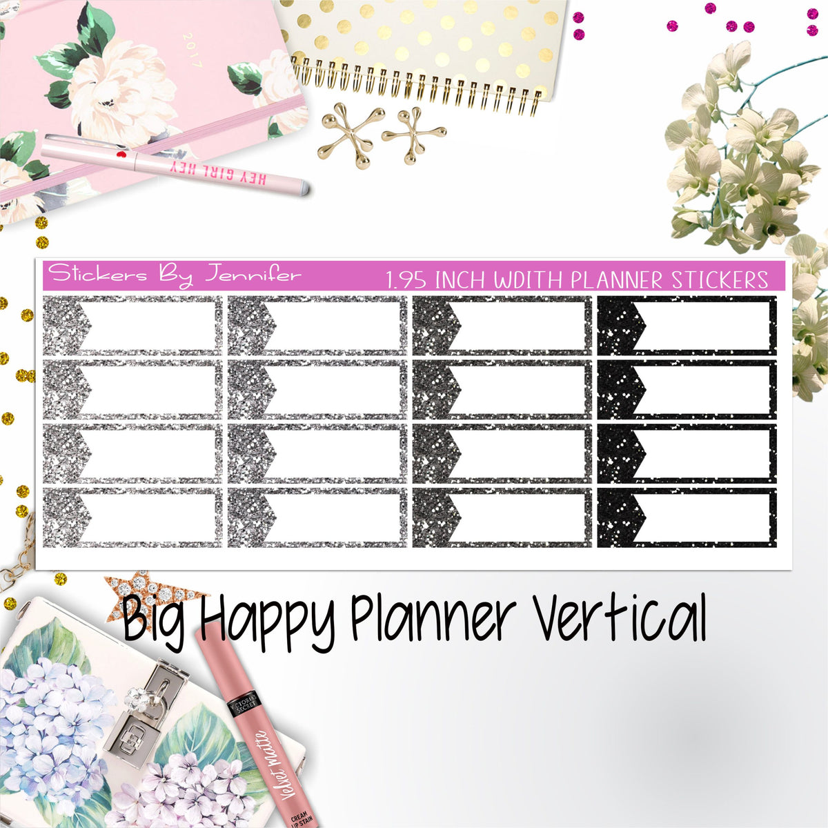 Glitter Labels 1.95 inch Width Quarter Boxes 075 for Big Happy Planner Vertical Planner Stickers