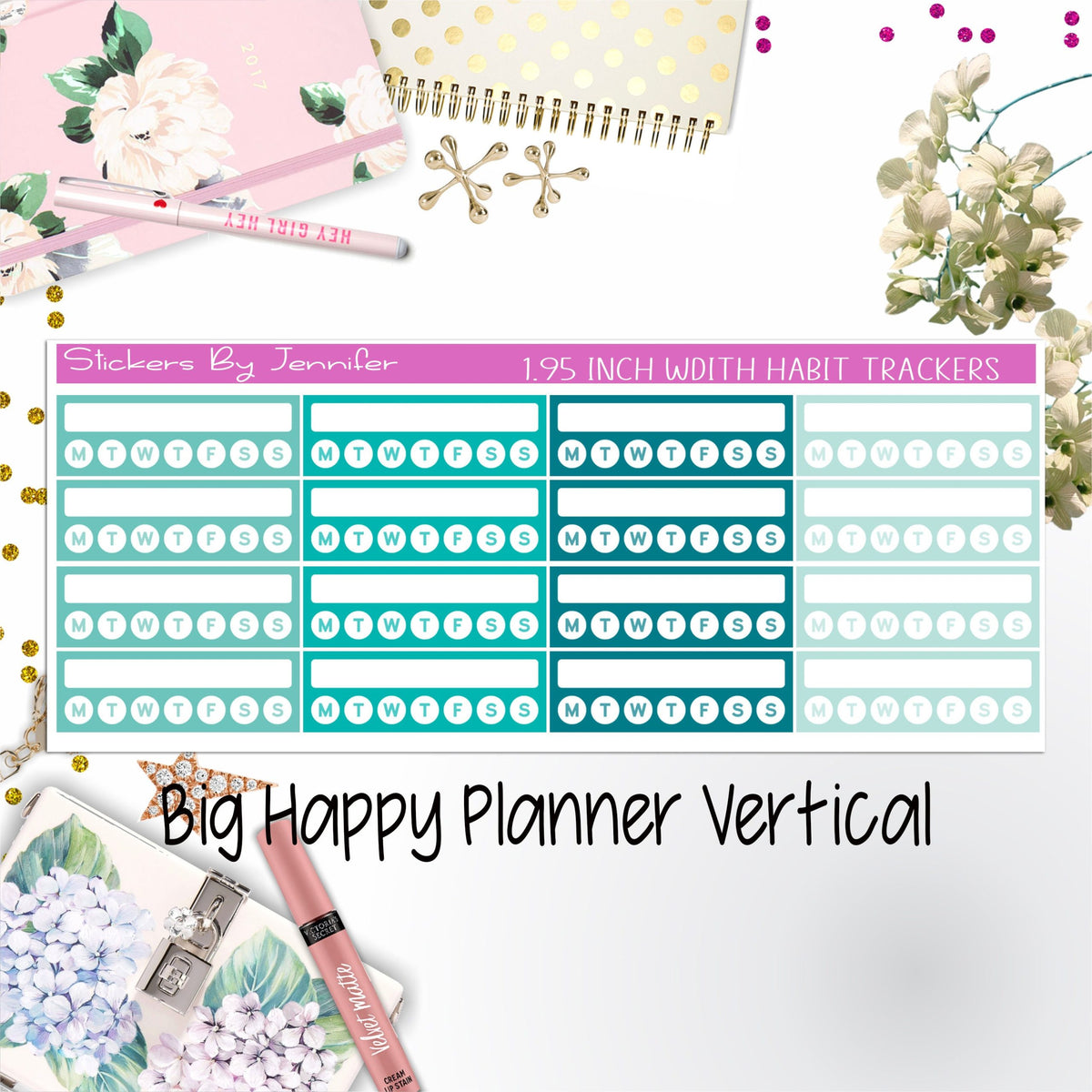 Habit Trackers 1.95 inch Width Quarter Box Labels 032 for Big Happy Planner Vertical Planner Stickers