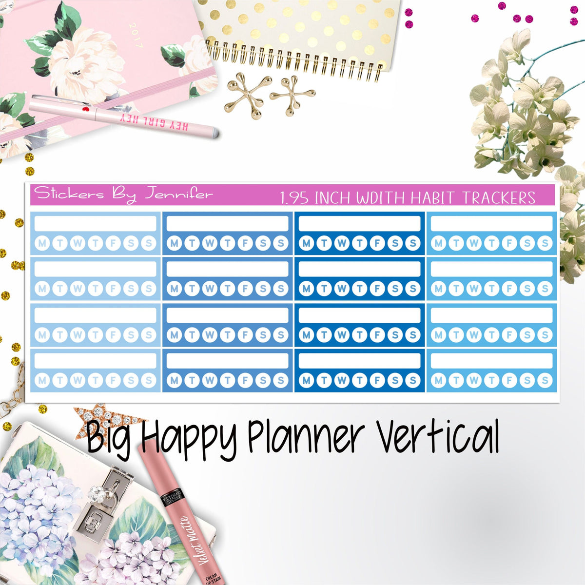 Habit Trackers 1.95 inch Width Quarter Box Labels 034 for Big Happy Planner Vertical Planner Stickers