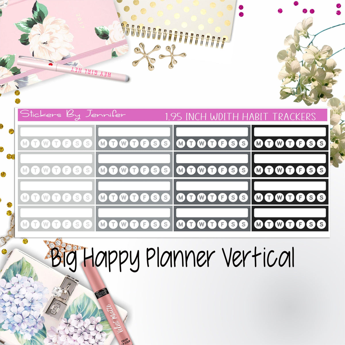 Habit Trackers 1.95 inch Width Quarter Box Labels 050 for Big Happy Planner Vertical Planner Stickers