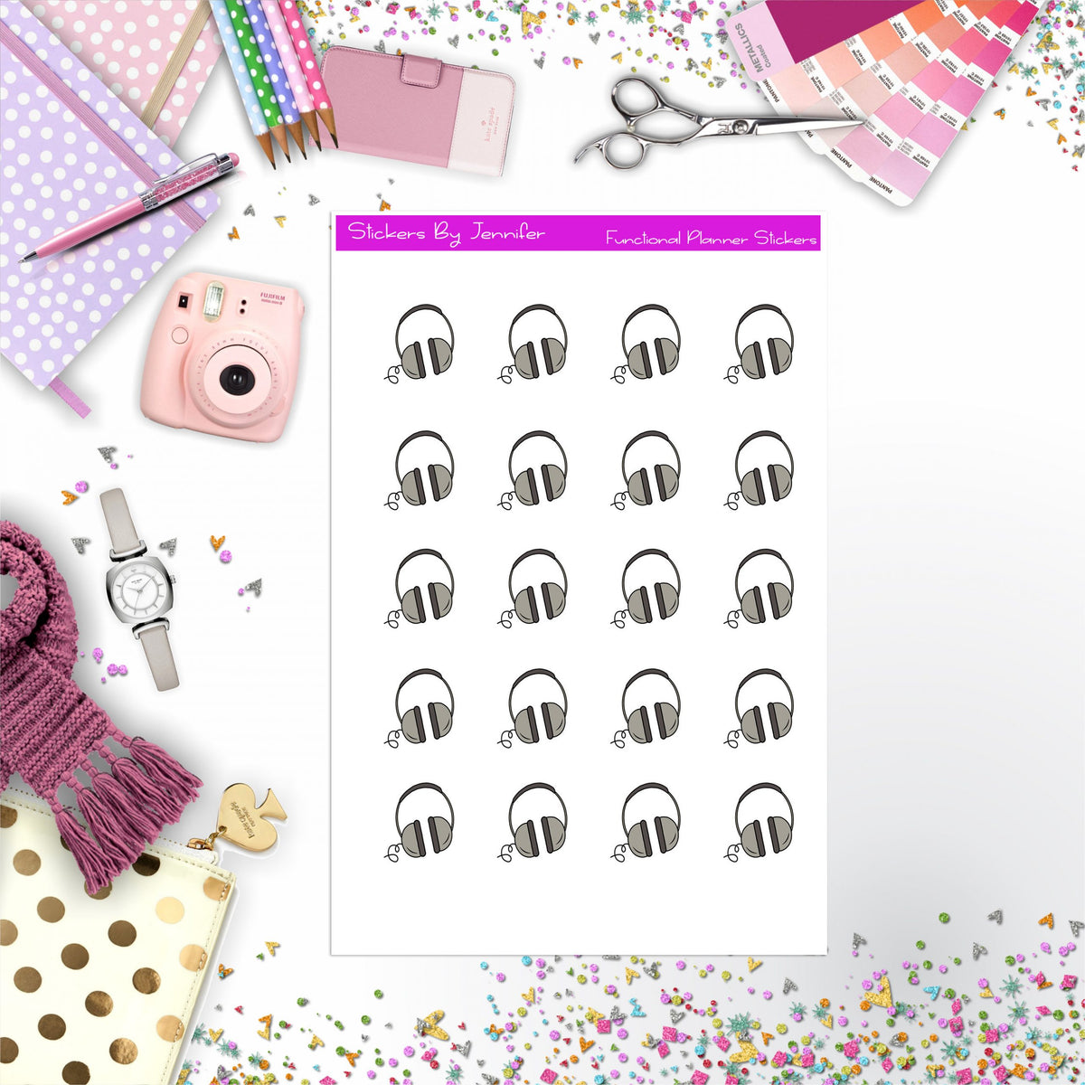 Headphones Stickers, Planner Stickers, Journal Stickers, Functional Planner Stickers, Stationary Stickers