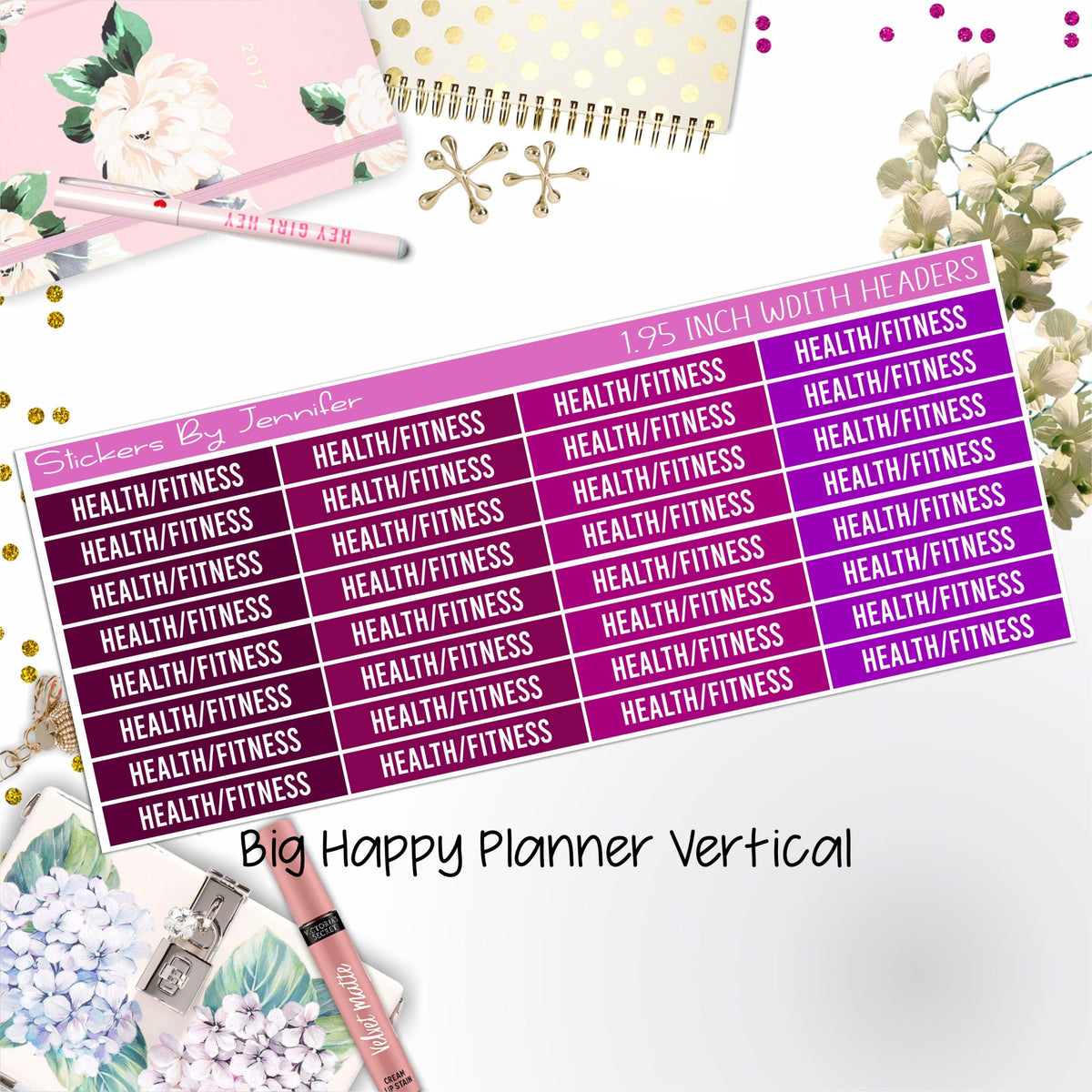 Health/Fitness Headers 1.95 inch Width 741 for Big Happy Planner Vertical Planner Stickers