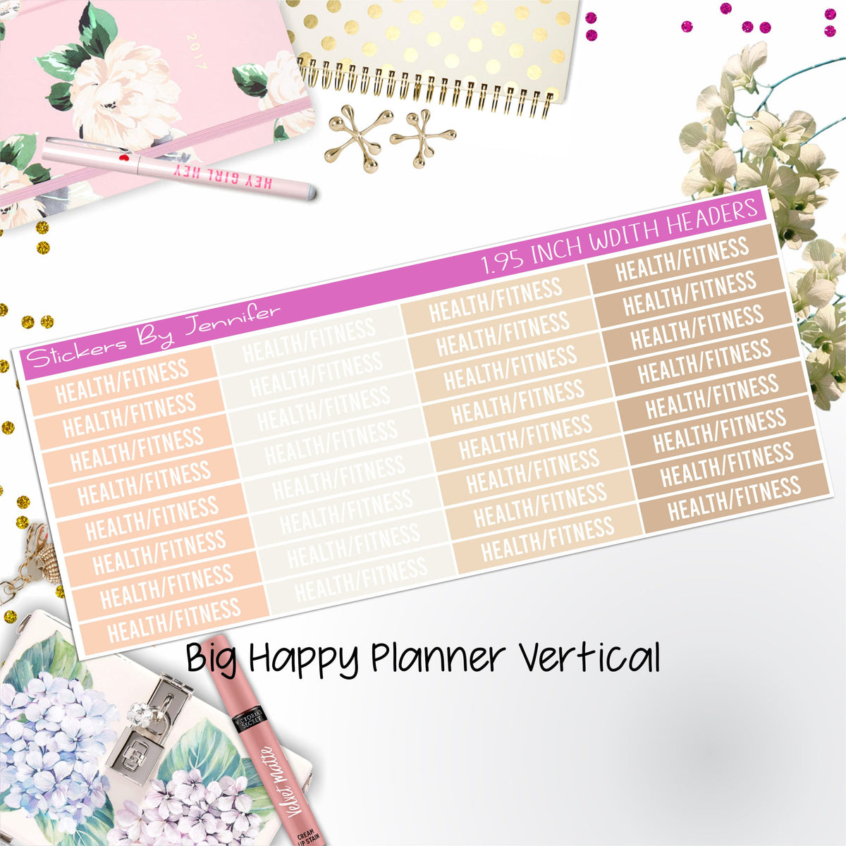 Health/Fitness Headers 1.95 inch Width 749 for Big Happy Planner Vertical Planner Stickers