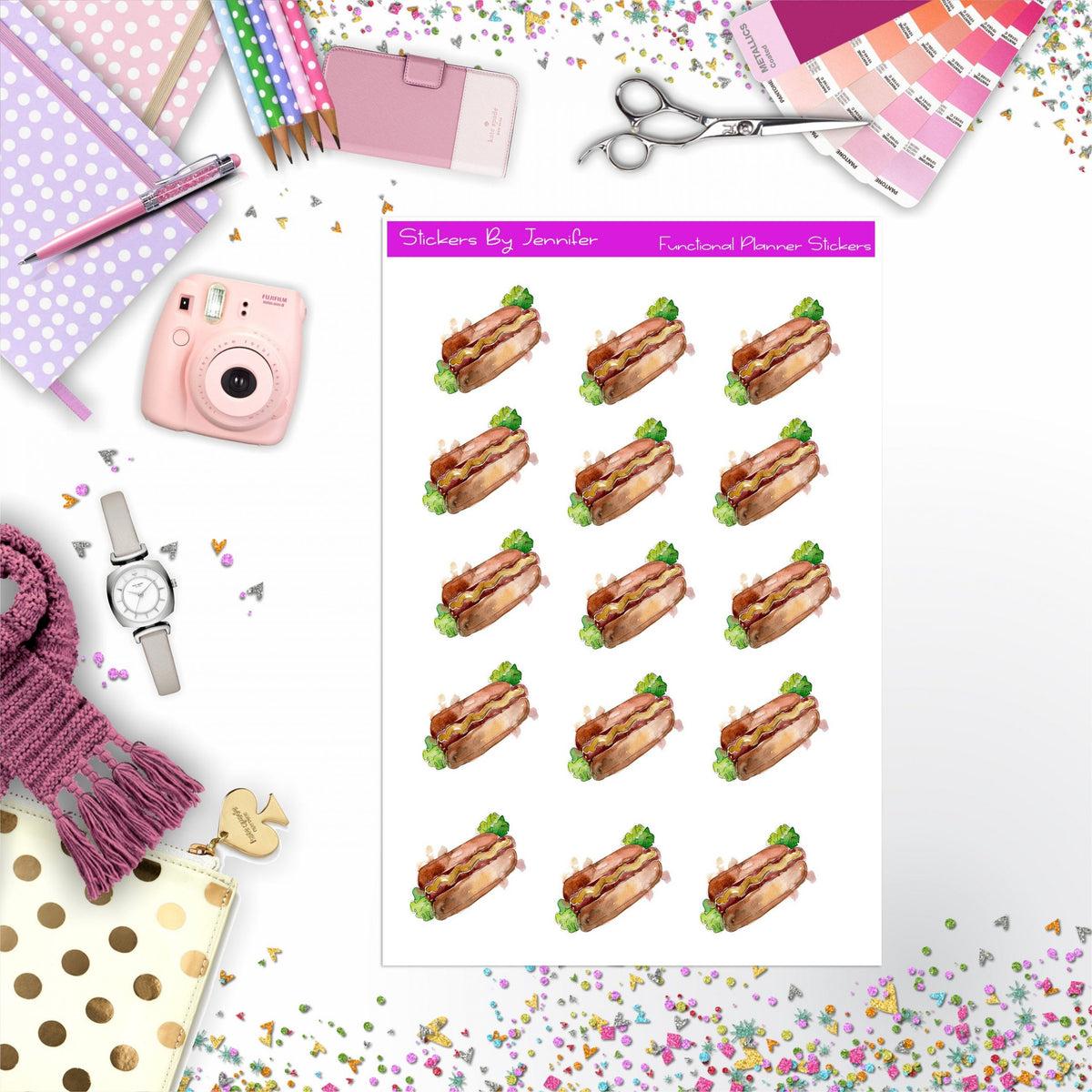 Hot Dog Watercolor Stickers, Planner Stickers, Journal Stickers, Functional Planner Stickers, Stationary Stickers