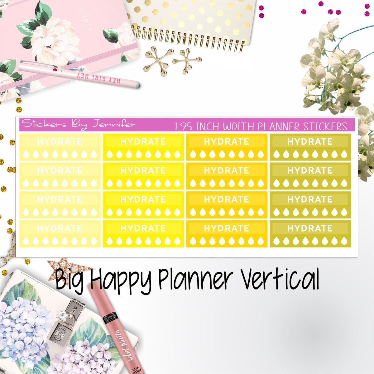Hydrate Labels 1.95 inch Width Quarter Boxes 276 for Big Happy Planner Vertical Planner Stickers