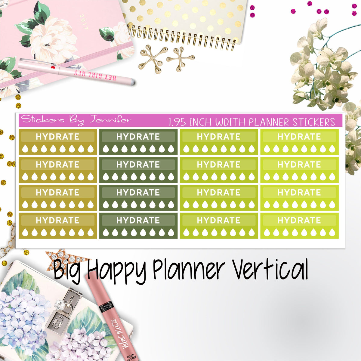 Hydrate Labels 1.95 inch Width Quarter Boxes 277 for Big Happy Planner Vertical Planner Stickers