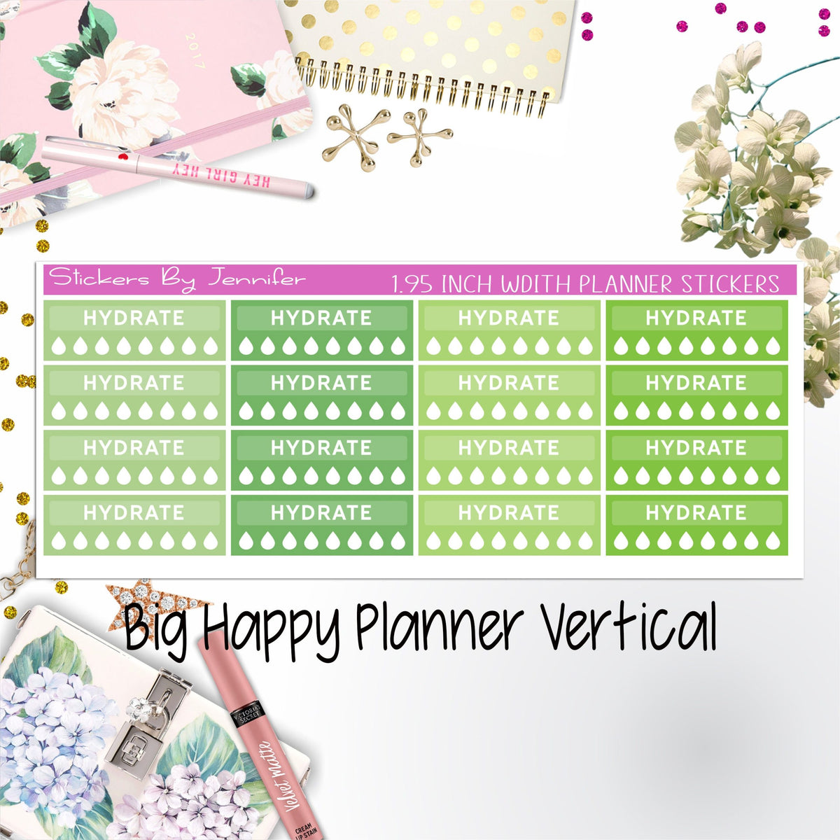 Hydrate Labels 1.95 inch Width Quarter Boxes 279 for Big Happy Planner Vertical Planner Stickers