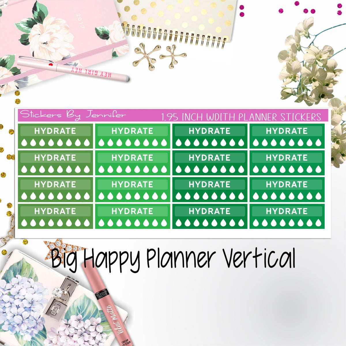 Hydrate Labels 1.95 inch Width Quarter Boxes 280 for Big Happy Planner Vertical Planner Stickers