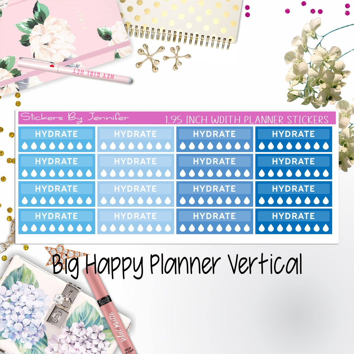 Hydrate Labels 1.95 inch Width Quarter Boxes 284 for Big Happy Planner Vertical Planner Stickers