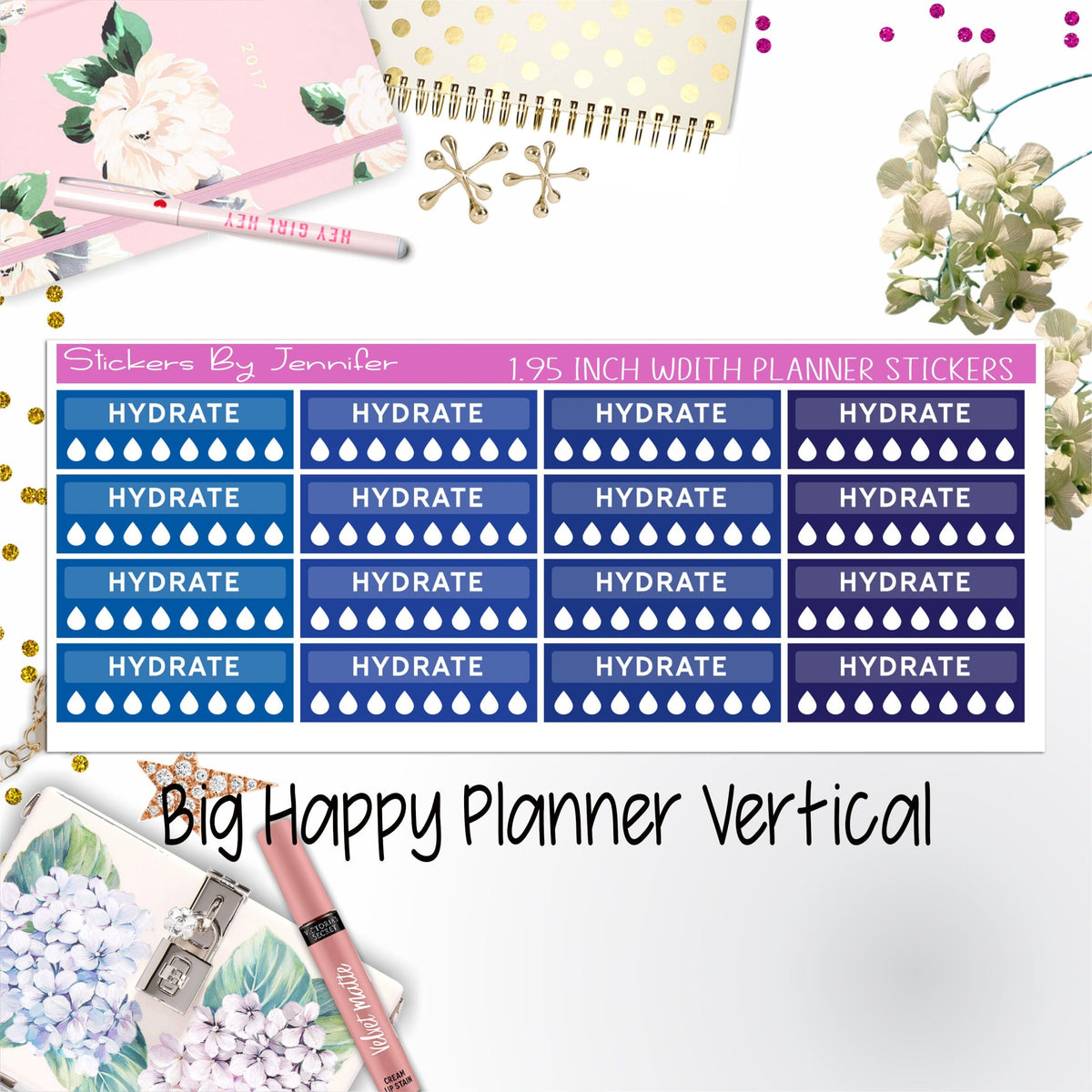 Hydrate Labels 1.95 inch Width Quarter Boxes 285 for Big Happy Planner Vertical Planner Stickers