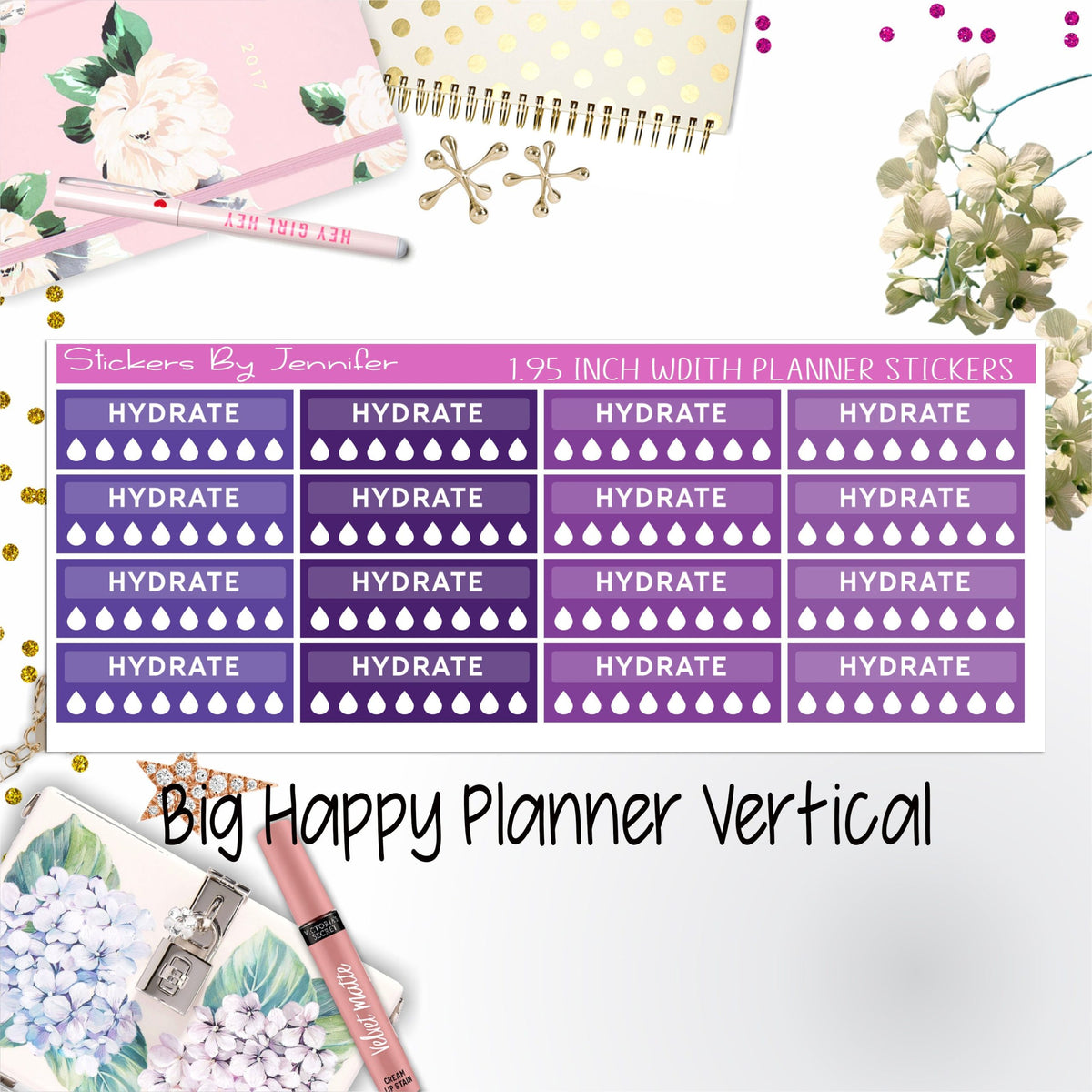 Hydrate Labels 1.95 inch Width Quarter Boxes 288 for Big Happy Planner Vertical Planner Stickers