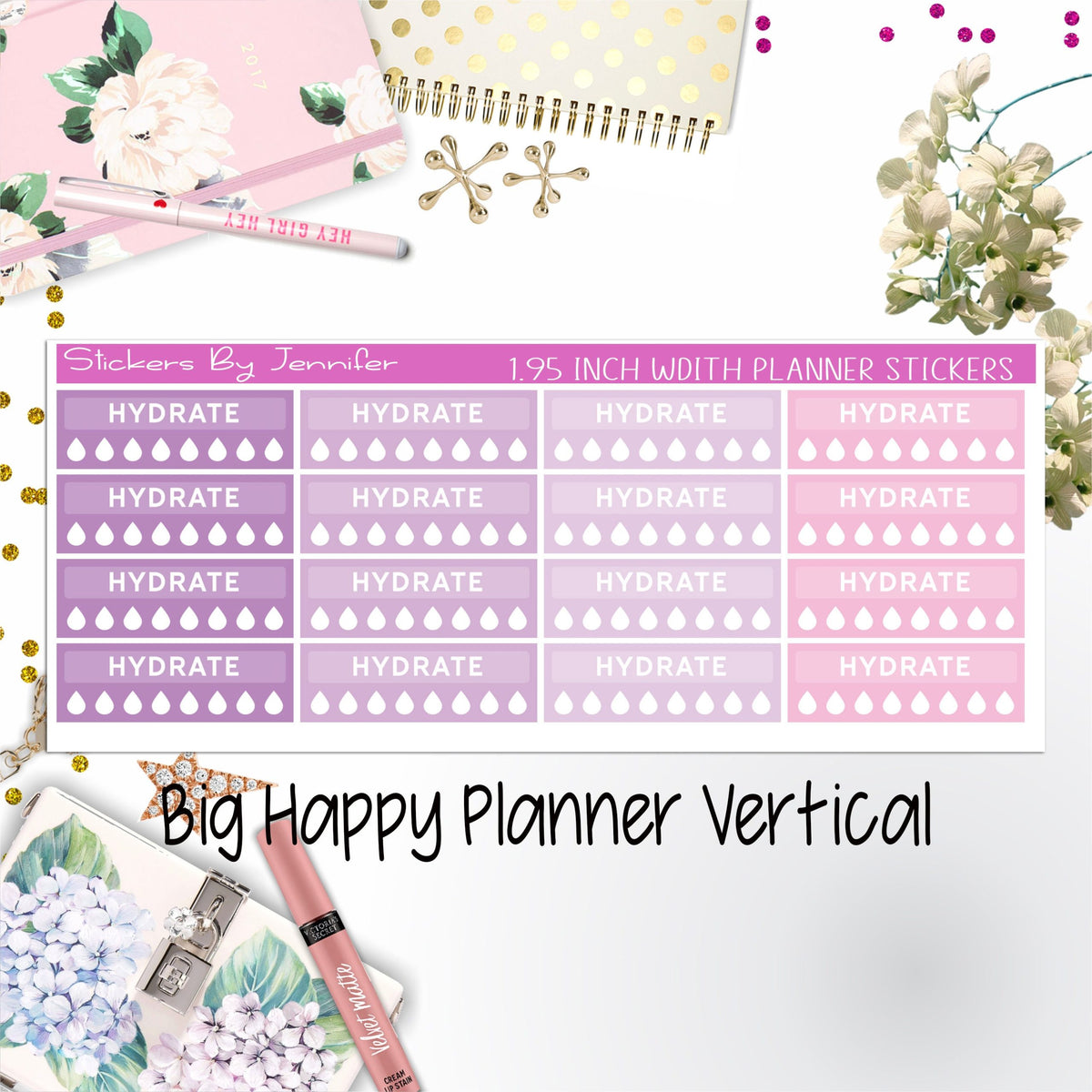 Hydrate Labels 1.95 inch Width Quarter Boxes 289 for Big Happy Planner Vertical Planner Stickers
