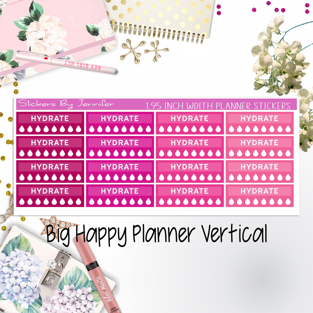 Hydrate Labels 1.95 inch Width Quarter Boxes 291 for Big Happy Planner Vertical Planner Stickers