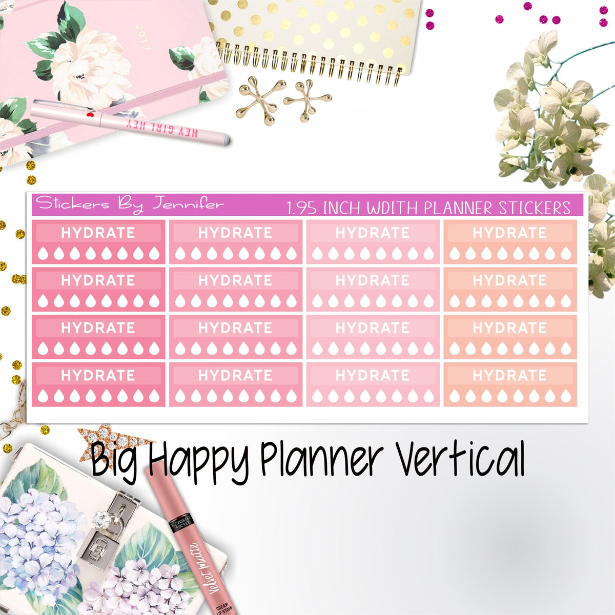 Hydrate Labels 1.95 inch Width Quarter Boxes 292 for Big Happy Planner Vertical Planner Stickers