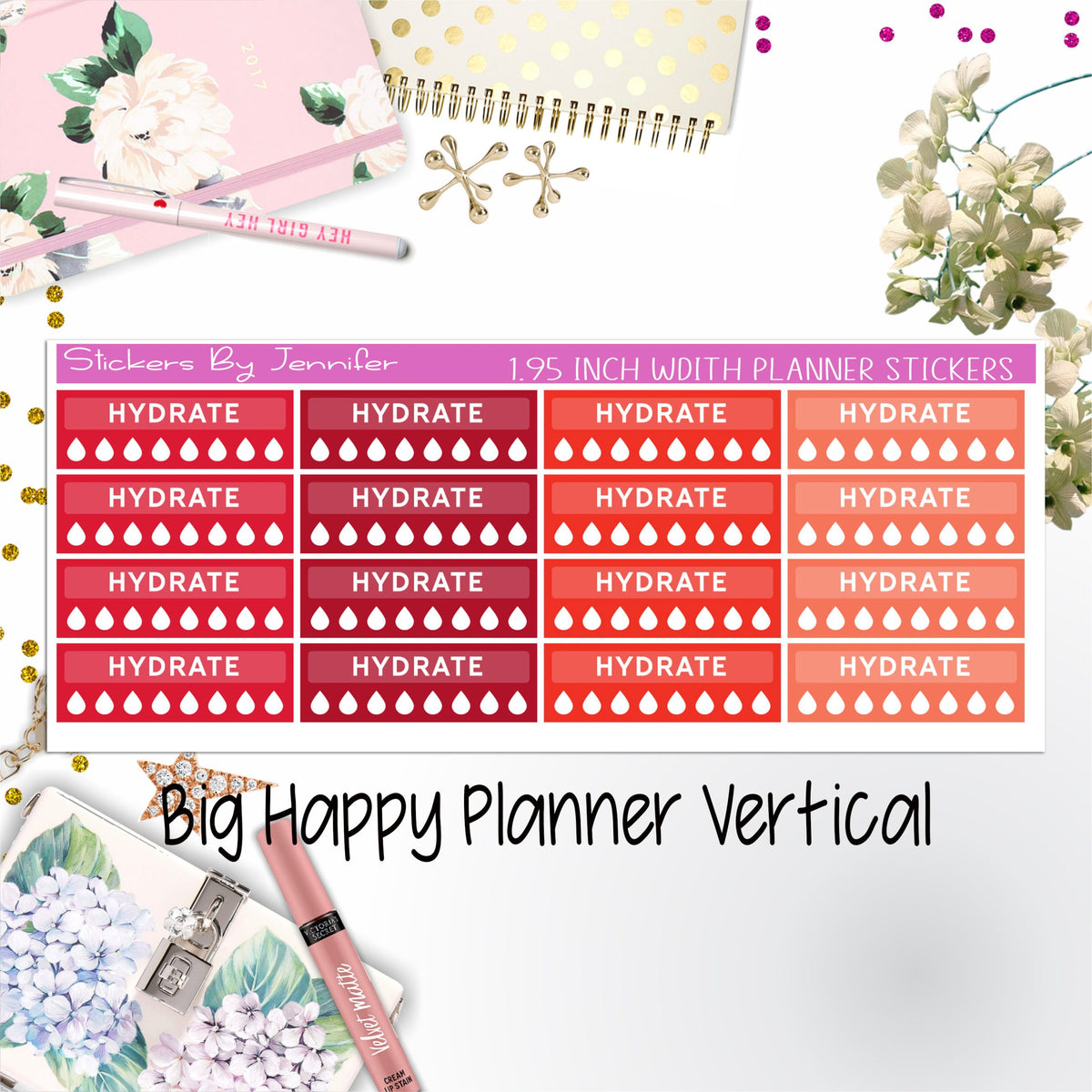 Hydrate Labels 1.95 inch Width Quarter Boxes 294 for Big Happy Planner Vertical Planner Stickers