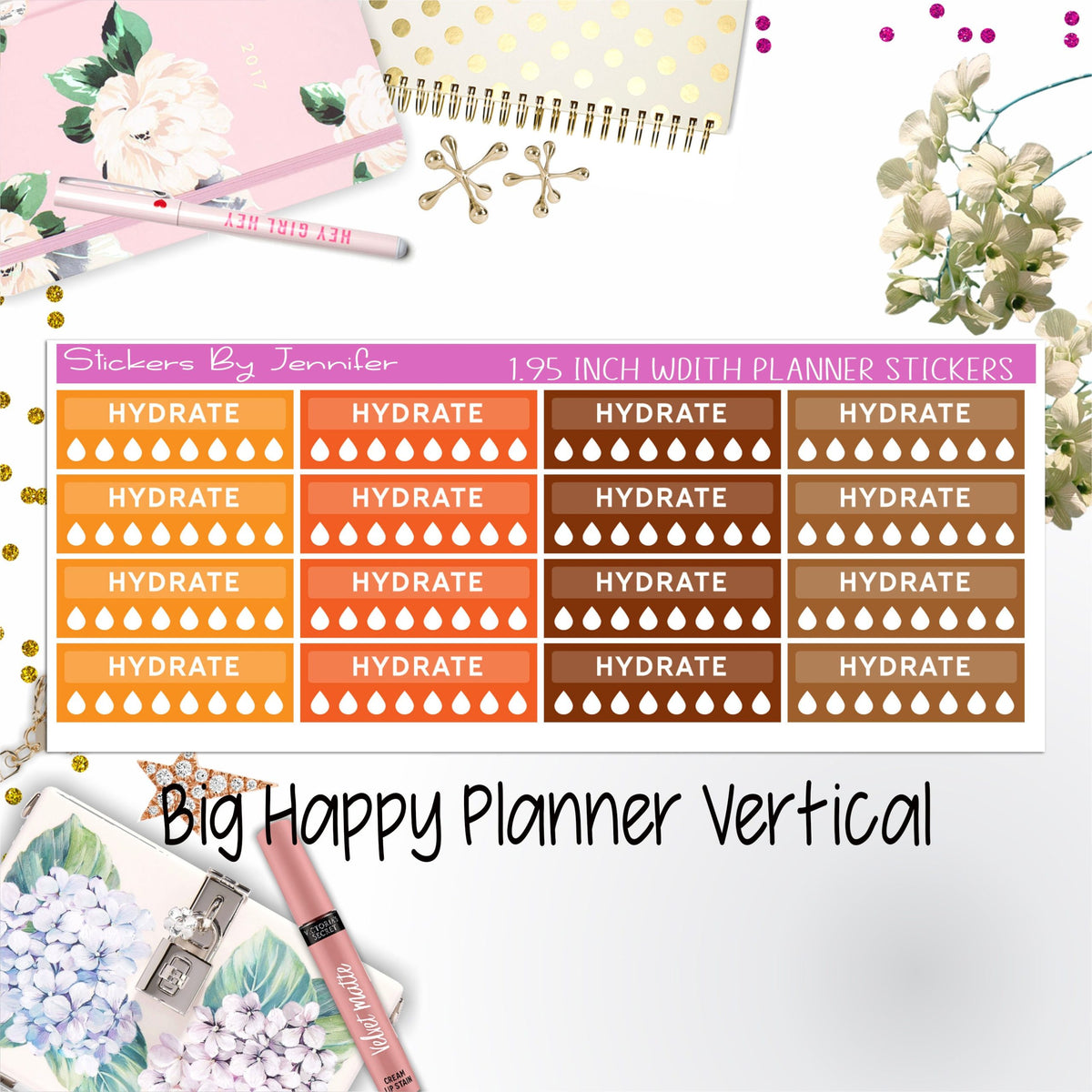 Hydrate Labels 1.95 inch Width Quarter Boxes 296 for Big Happy Planner Vertical Planner Stickers