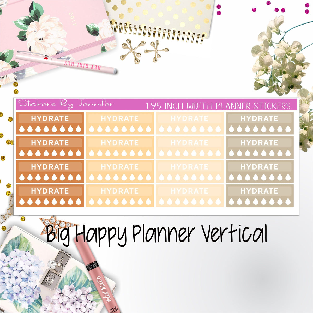 Hydrate Labels 1.95 inch Width Quarter Boxes 297 for Big Happy Planner Vertical Planner Stickers
