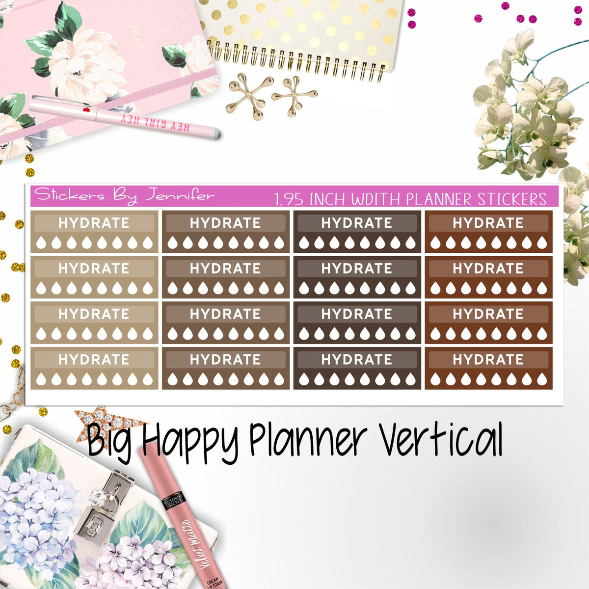 Hydrate Labels 1.95 inch Width Quarter Boxes 298 for Big Happy Planner Vertical Planner Stickers
