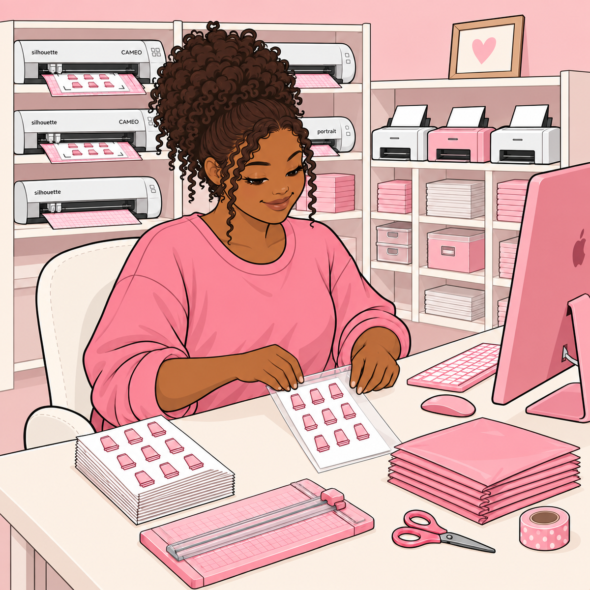 Crisp illustration of Jennifer packing matching pink planner stickers with loaded Silhouette machines and a paper trimmer