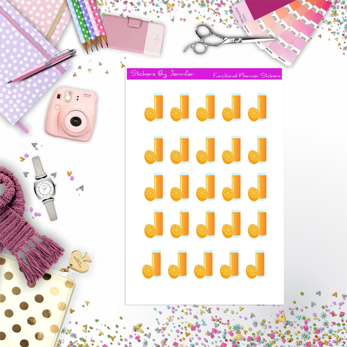Orange Juice Stickers, Planner Stickers, Journal Stickers, Functional Planner Stickers, Stationary Stickers