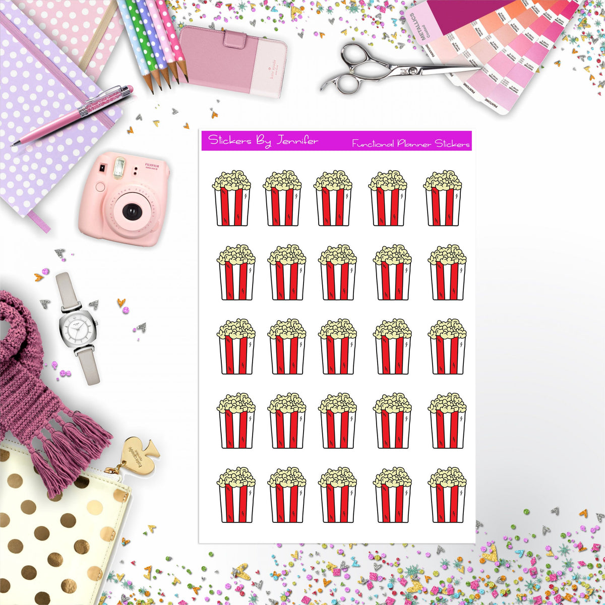 Popcorn Stickers, Planner Stickers, Journal Stickers, Functional Planner Stickers, Stationary Stickers