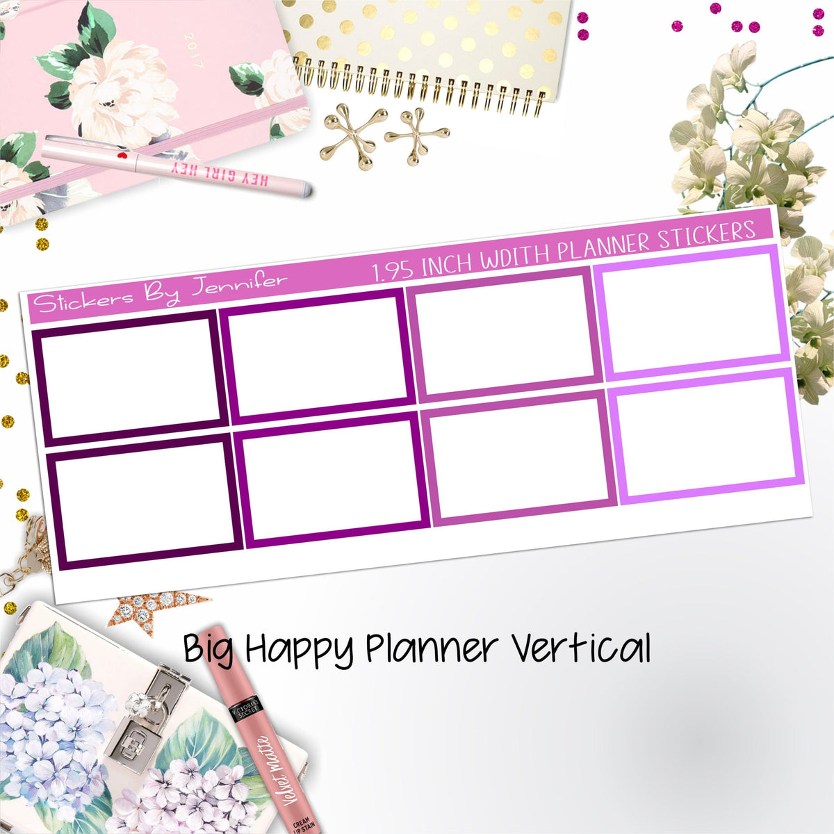 Rectangle 1.95 inch Width Half Boxes 443 for Big Happy Planner Vertical Planner Stickers