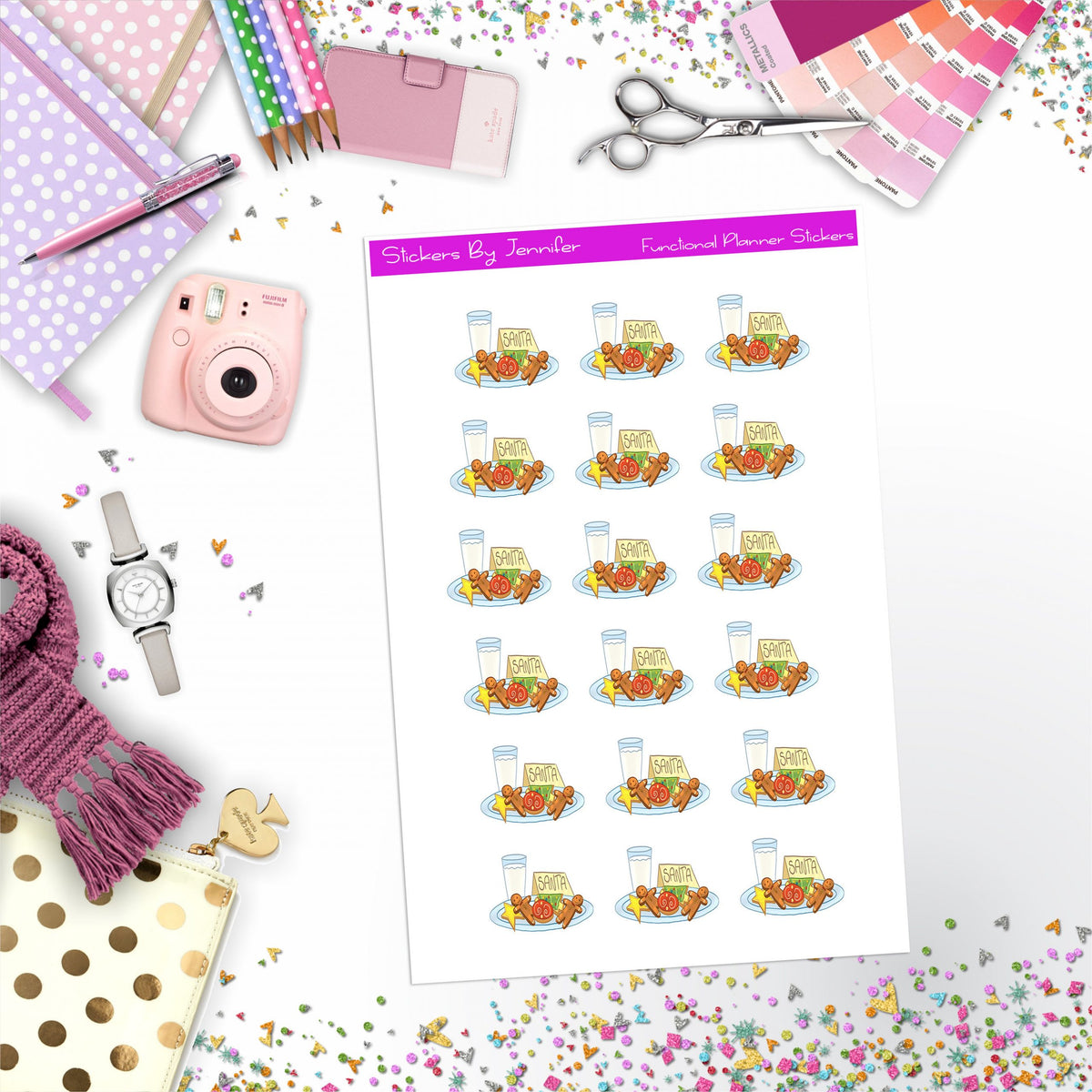 Santa Milk And Cookies Stickers, Planner Stickers, Journal Stickers, Functional Planner Stickers, Stationary Stickers