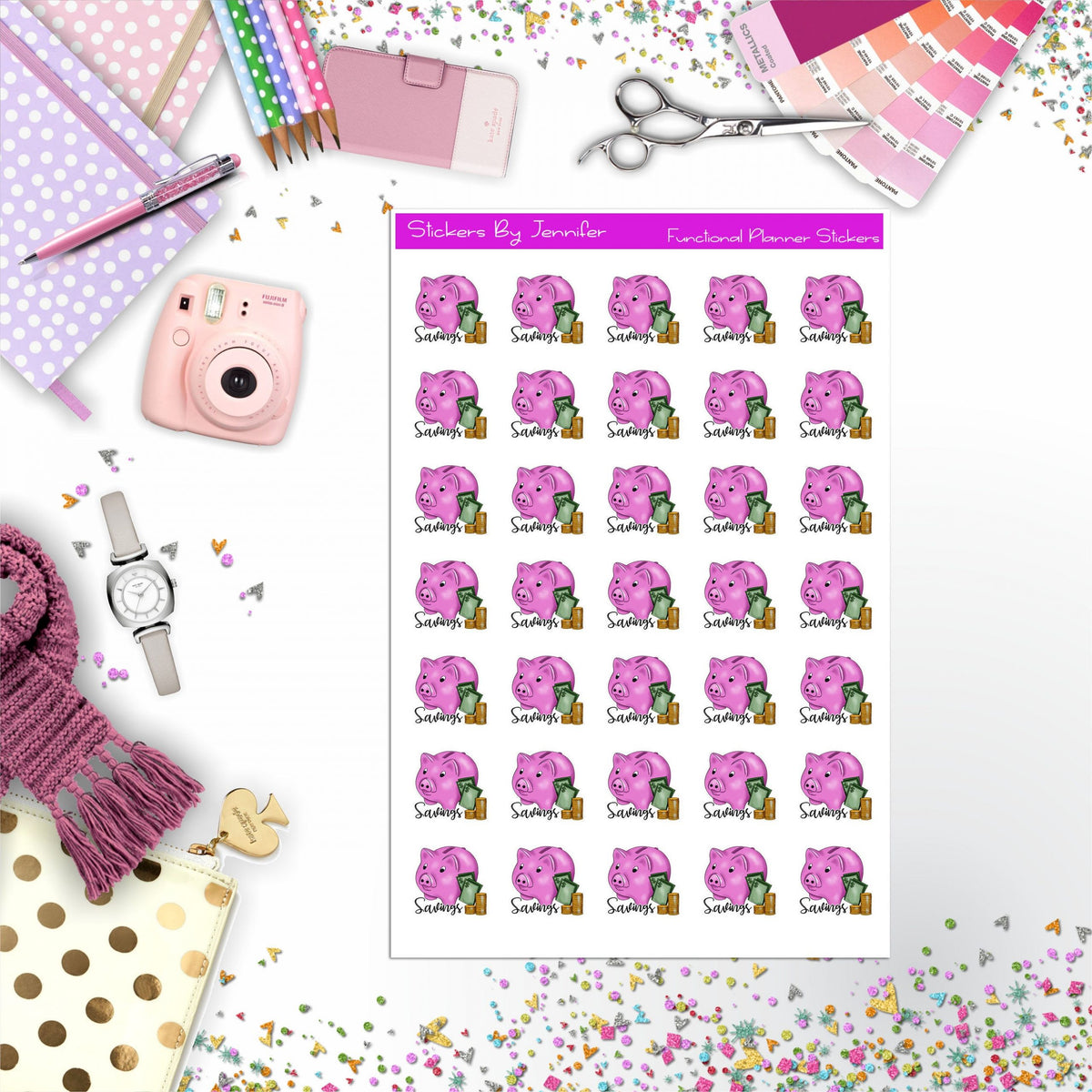 Savings Icon Planner Stickers, Bullet Journal Stickers, Functional Planner Stickers, Stationary Stickers