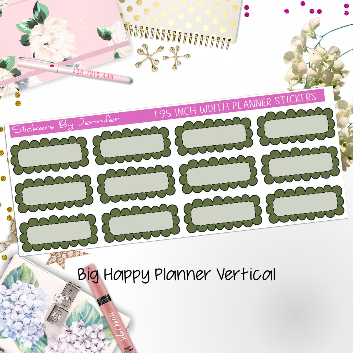 Scallop Labels 1.95 inch Width Quarter Boxes 306 for Big Happy Planner Vertical Planner Stickers